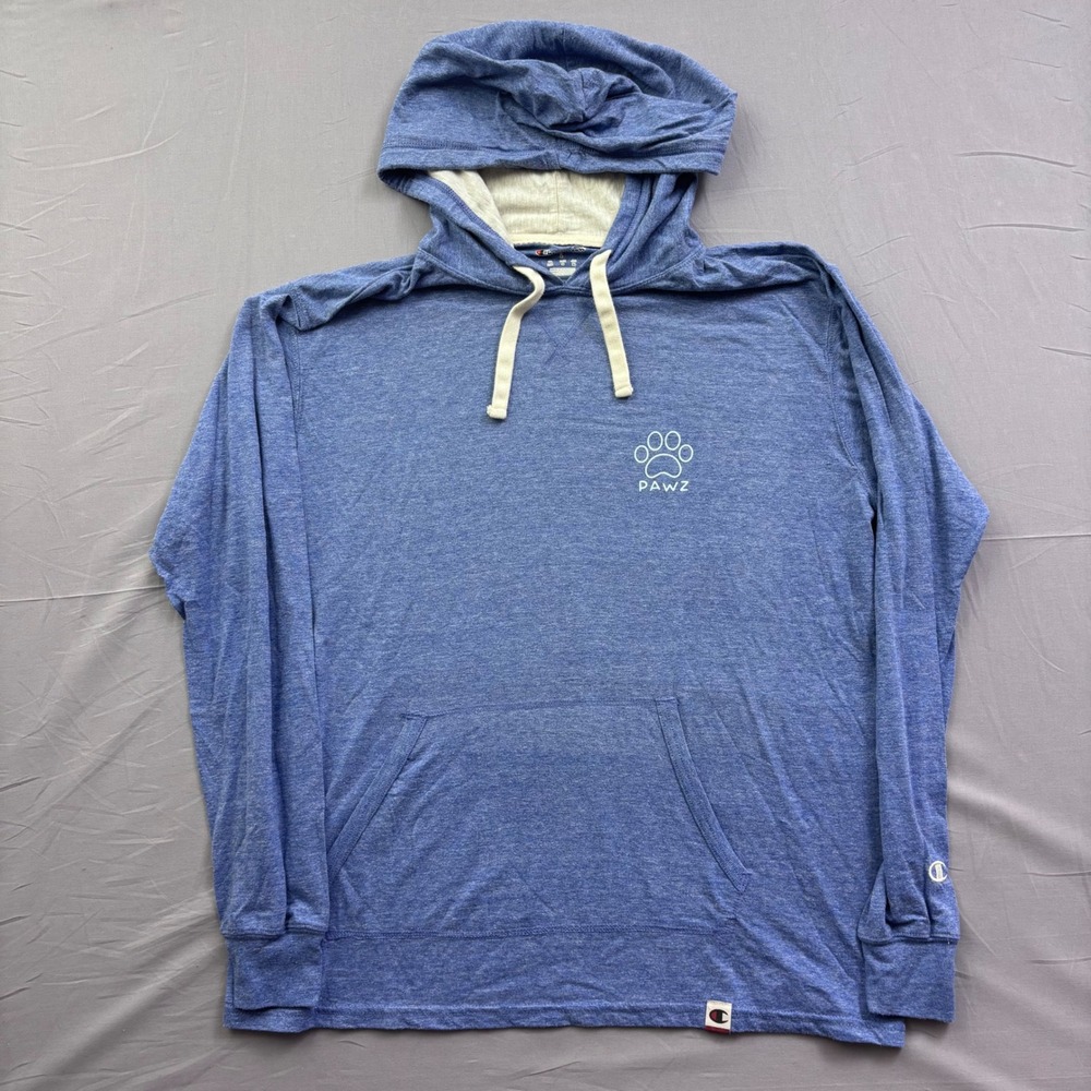 Champion PAWZ Mens Blue Heathered Long‎ Sleeve Hooded T-Shirt Large PAW Print L